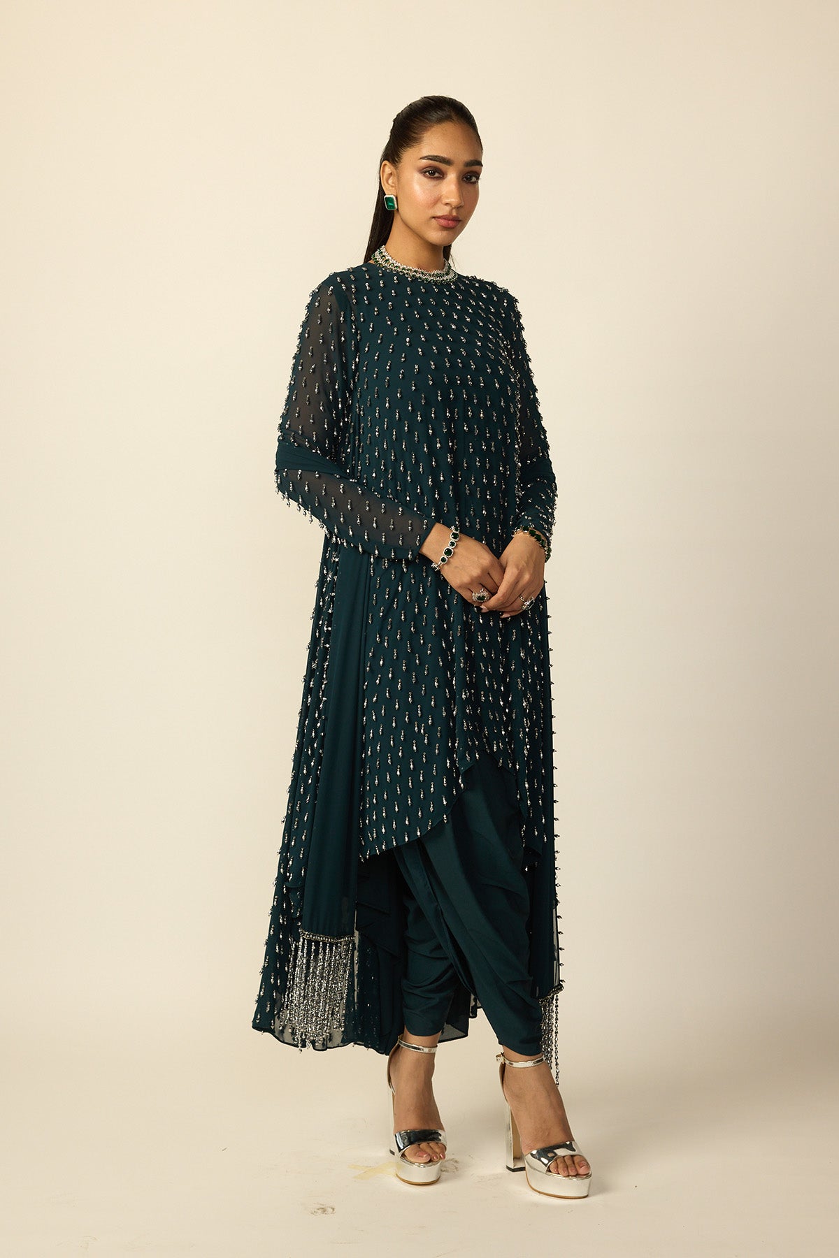 Dark Teal Silver Drop Kurta With Stole