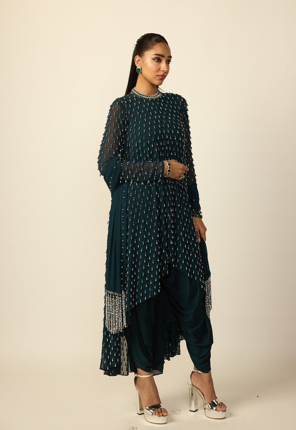 Dark Teal Silver Drop Kurta With Stole