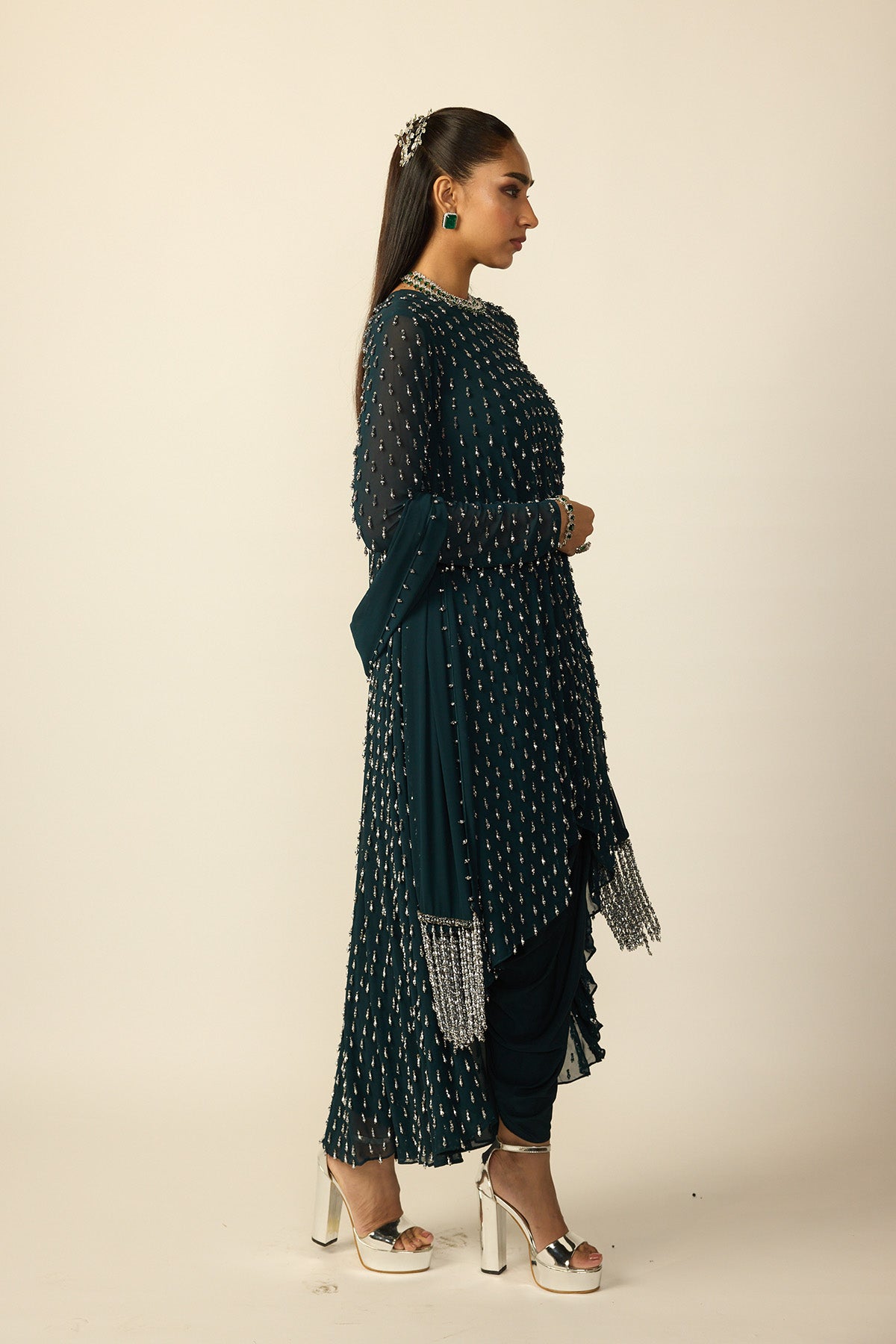 Dark Teal Silver Drop Kurta With Stole