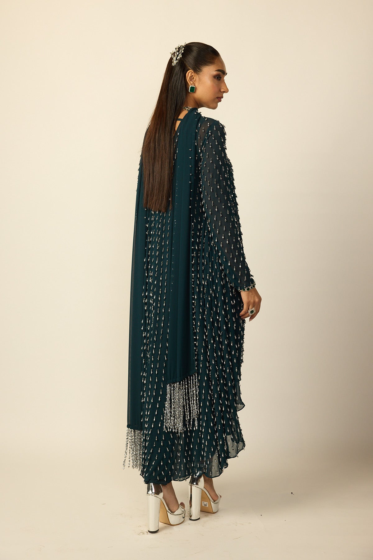 Dark Teal Silver Drop Kurta With Stole