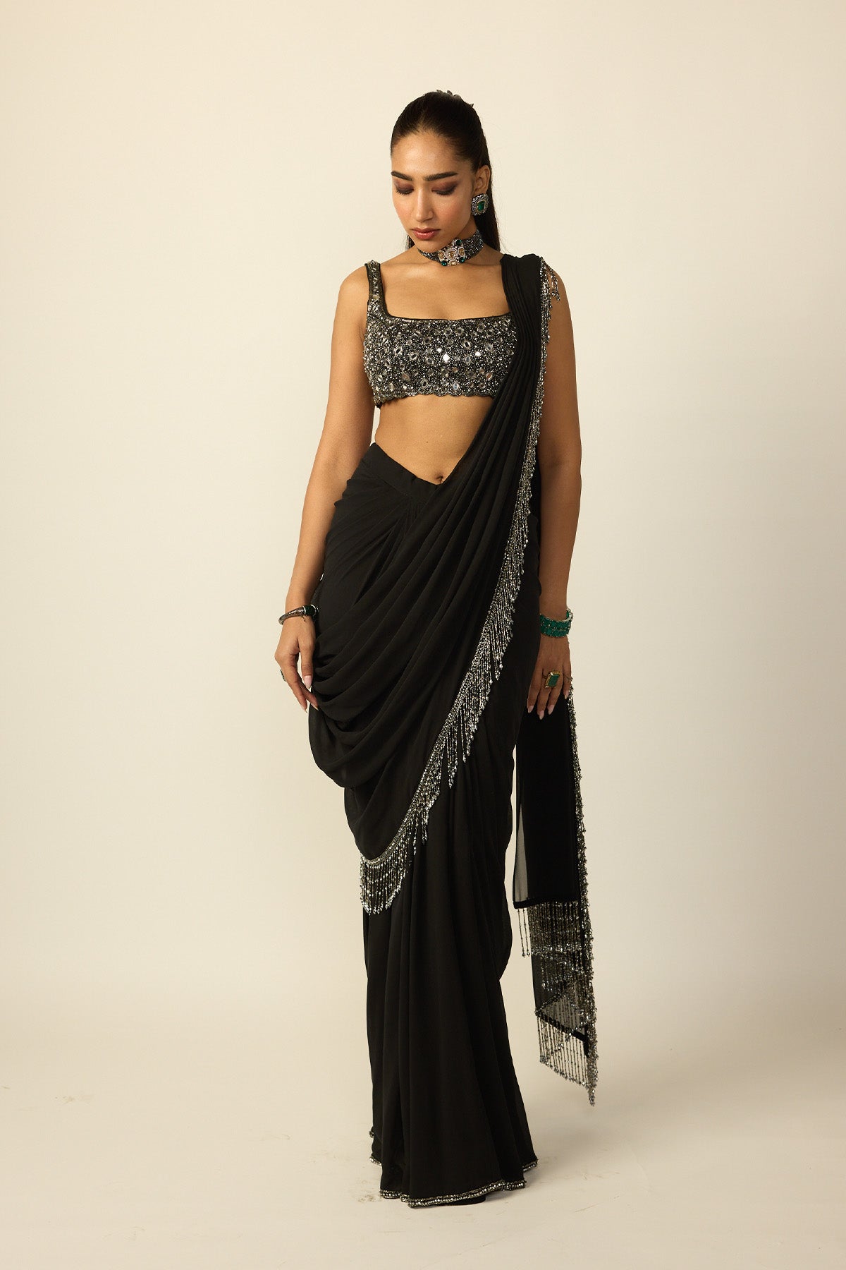 Black Georgette Tassel Saree