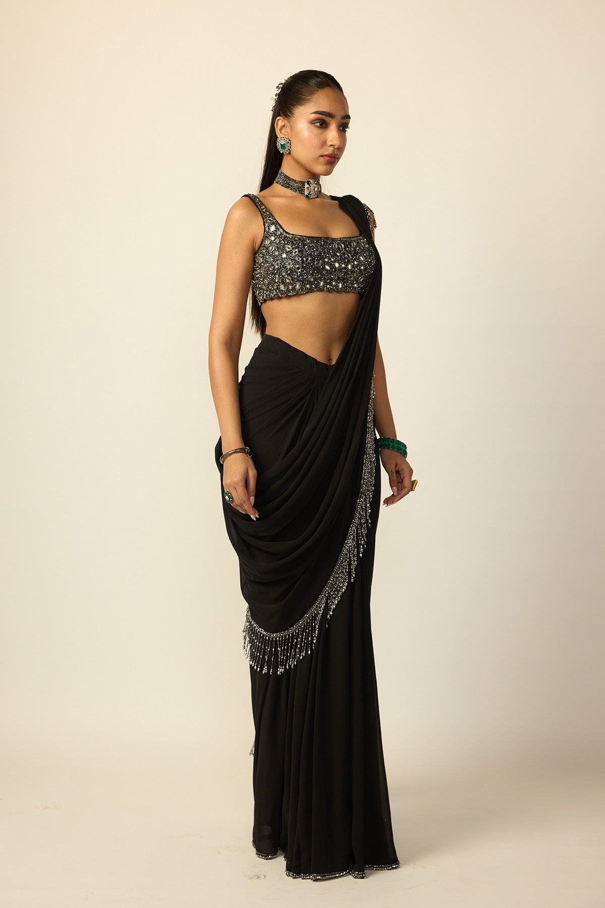 Black Georgette Tassel Saree