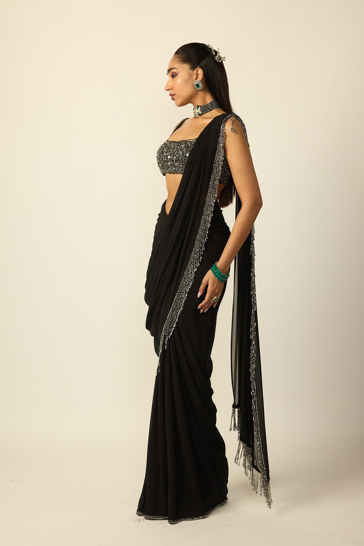 Black Georgette Tassel Saree