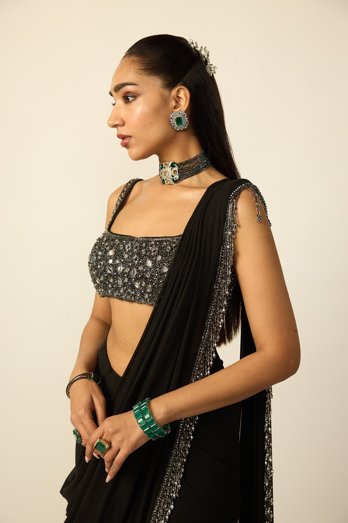 Black Georgette Tassel Saree