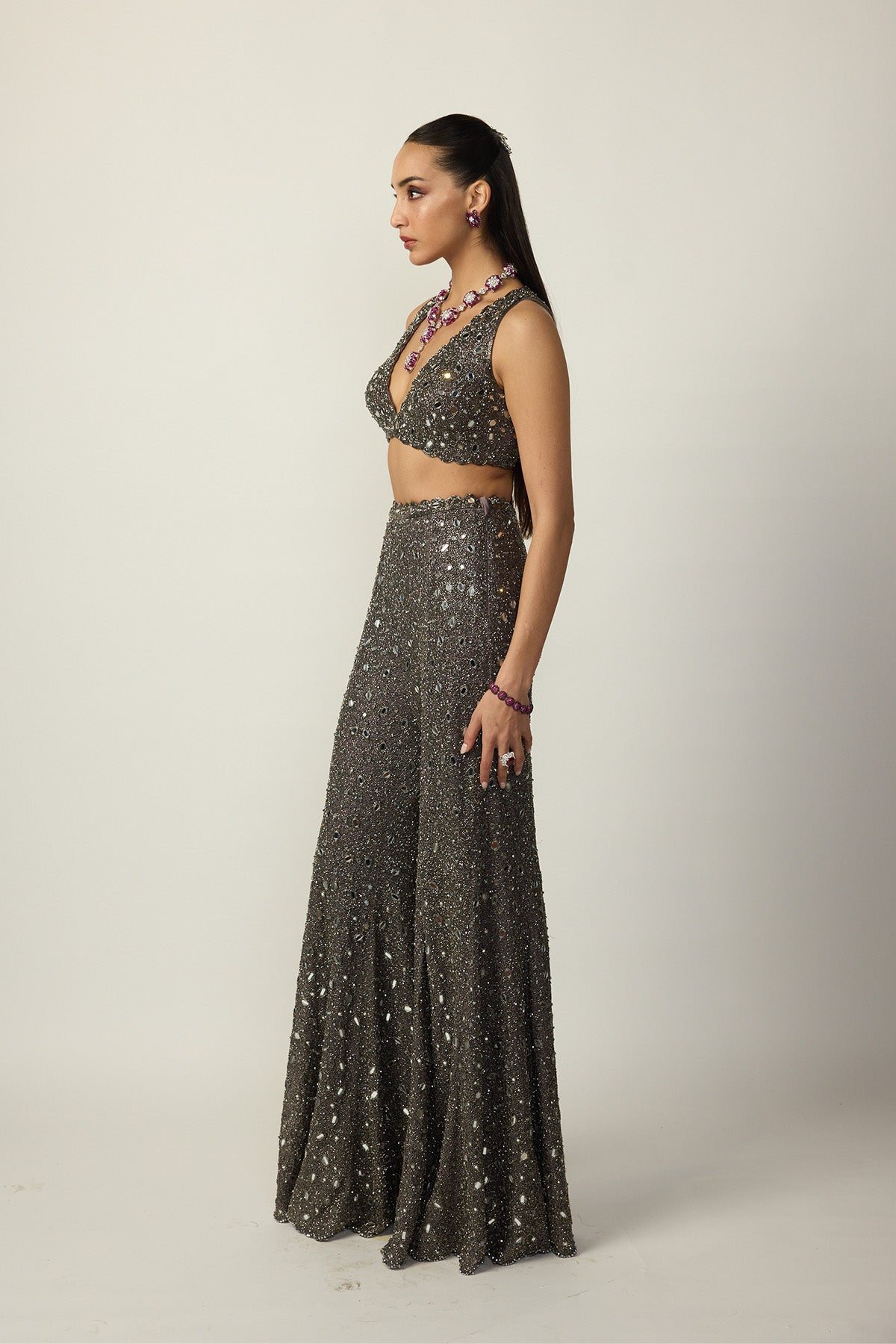 Metallic Grey Blouse Sharara Pant Set