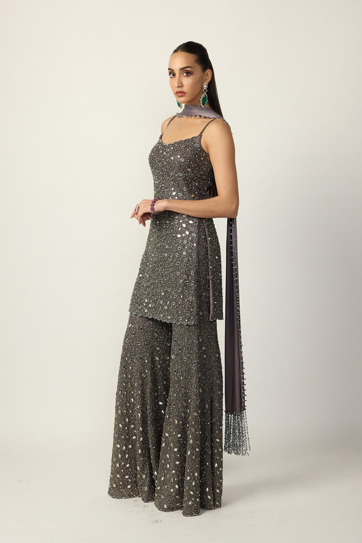 Metallic Grey Sharara With Kurta Set