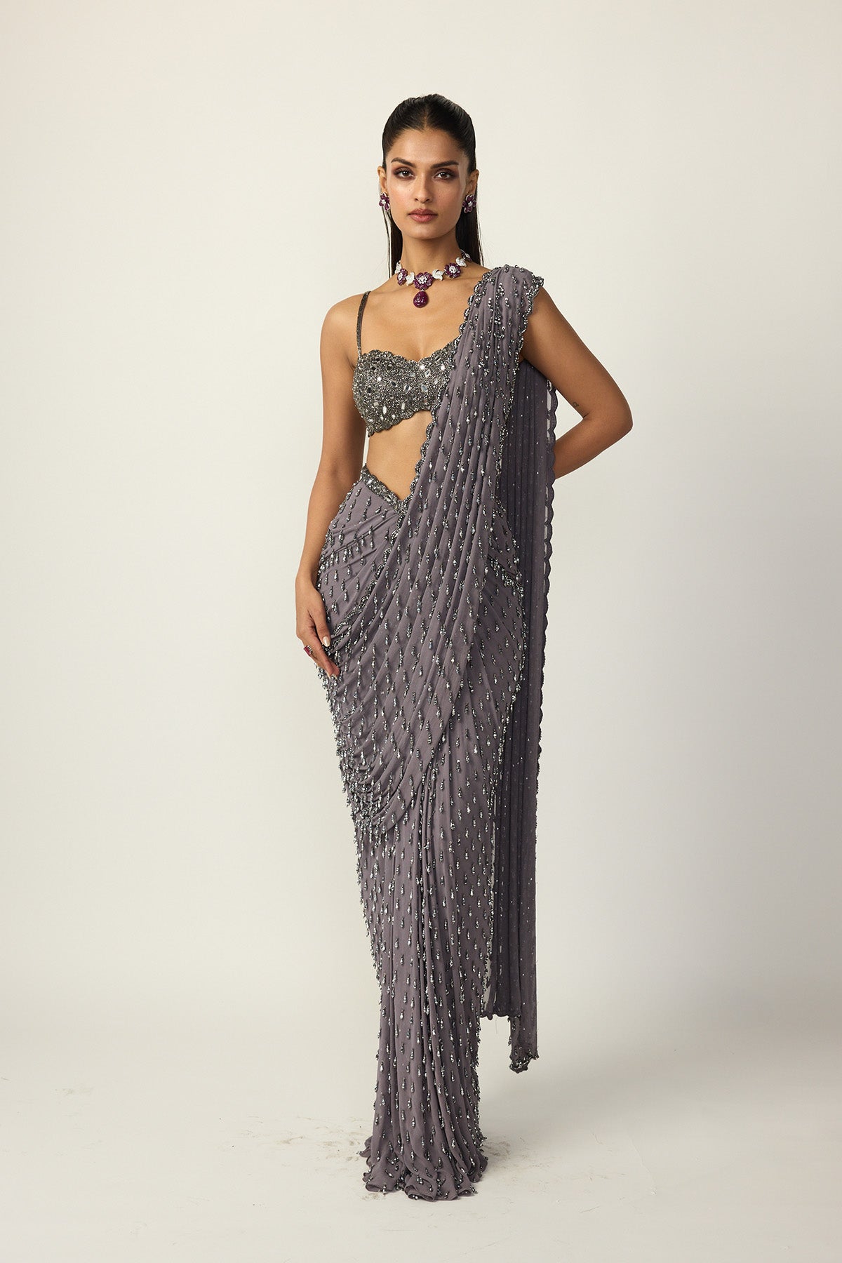 Metallic Grey Single Drop Draped Saree Set