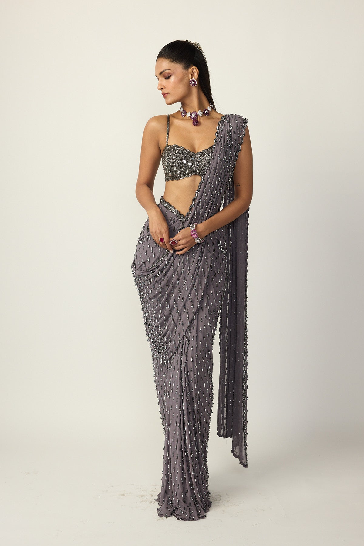 Metallic Grey Single Drop Draped Saree Set