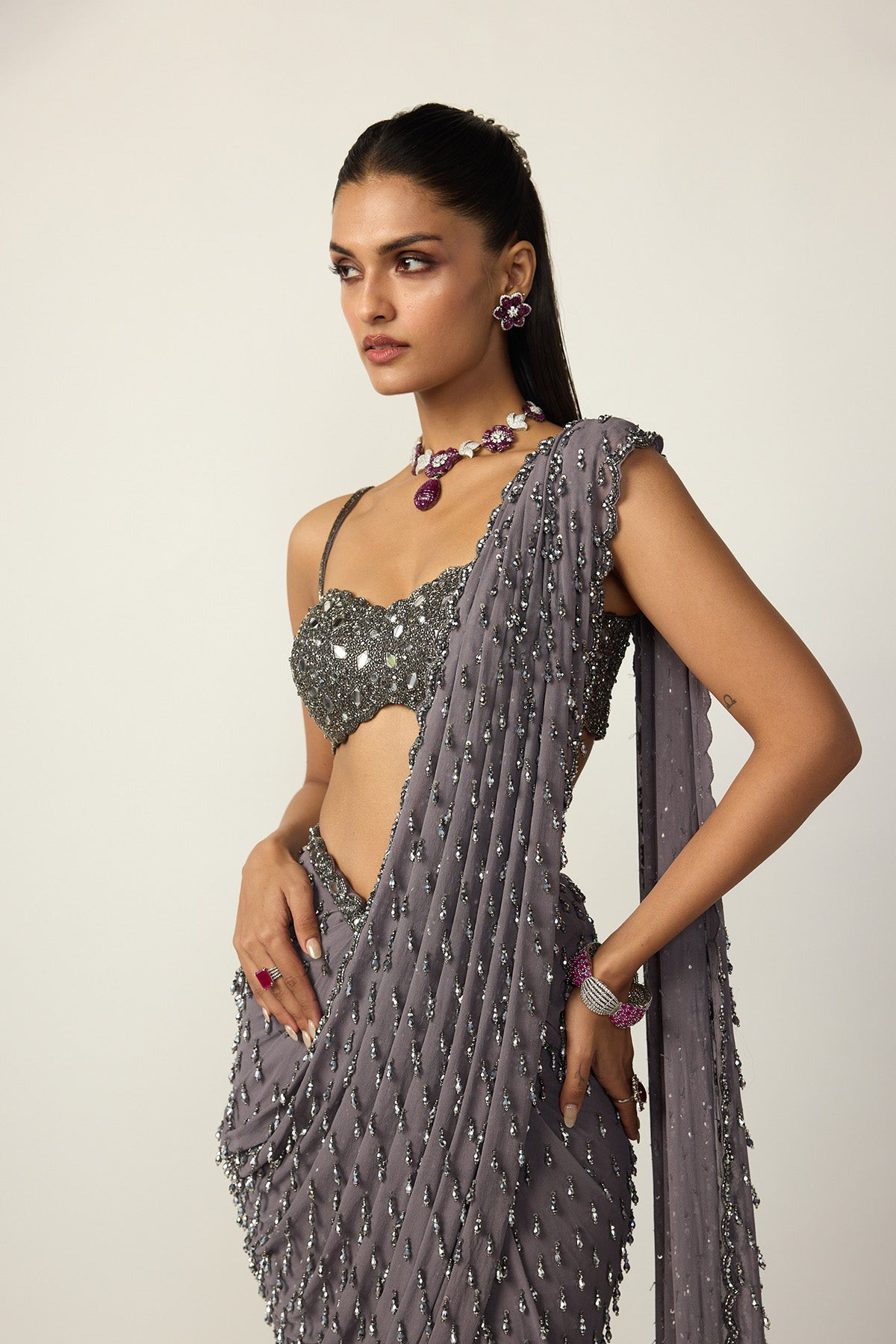 Metallic Grey Single Drop Draped Saree Set