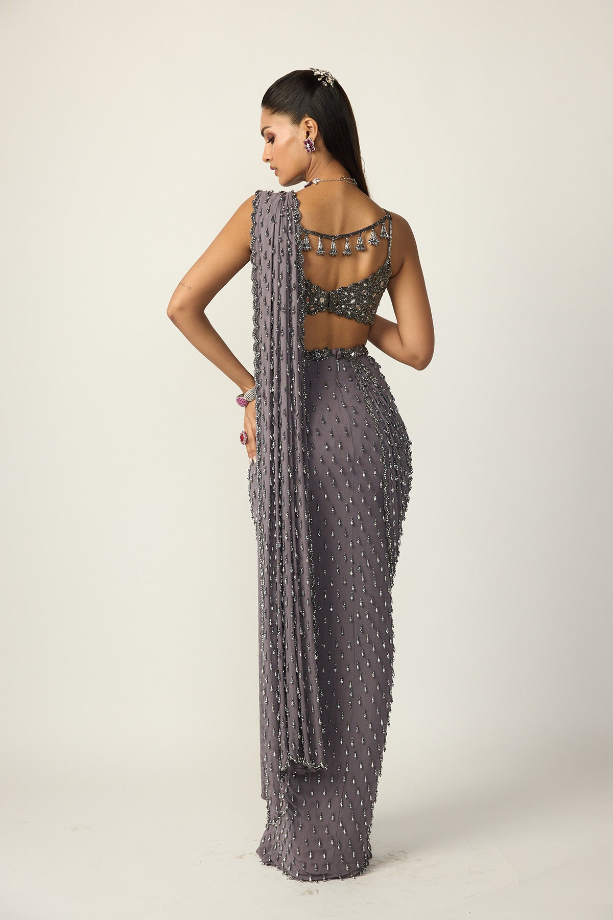 Metallic Grey Single Drop Draped Saree Set