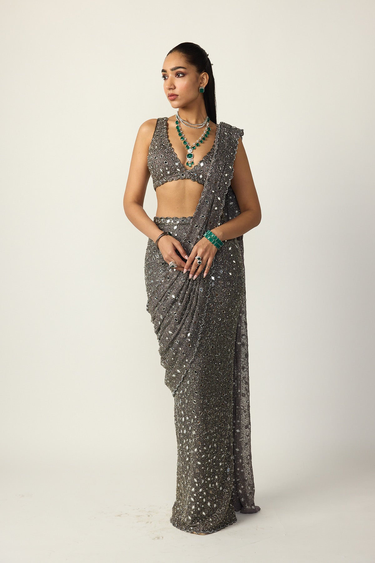 Metallic Grey Draped Saree Set