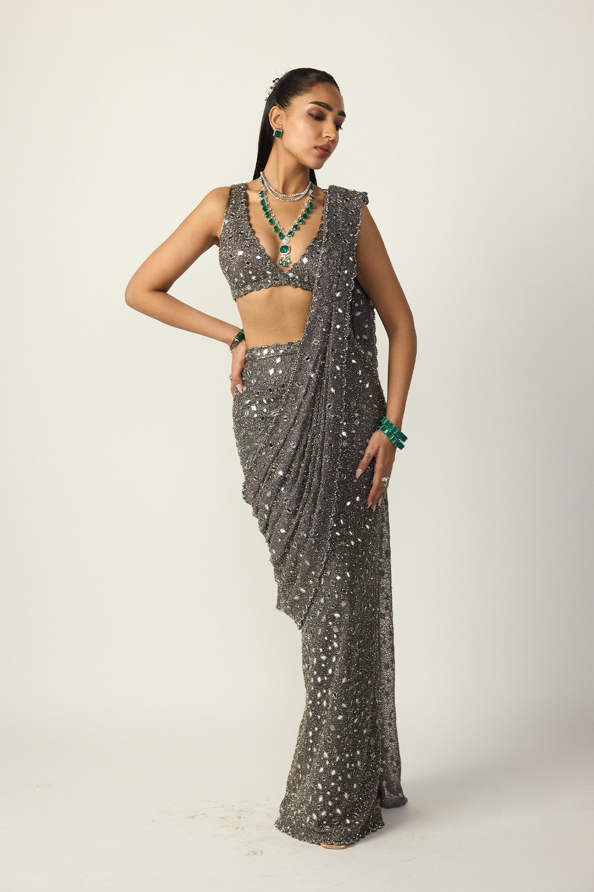 Metallic Grey Draped Saree Set