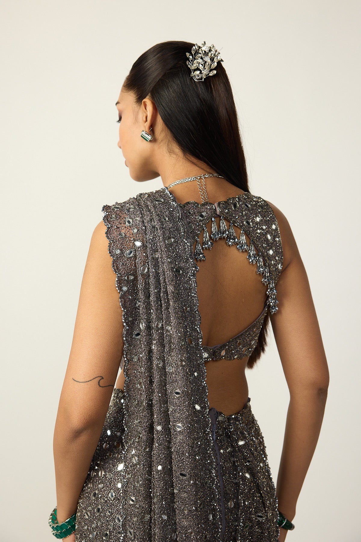 Metallic Grey Draped Saree Set
