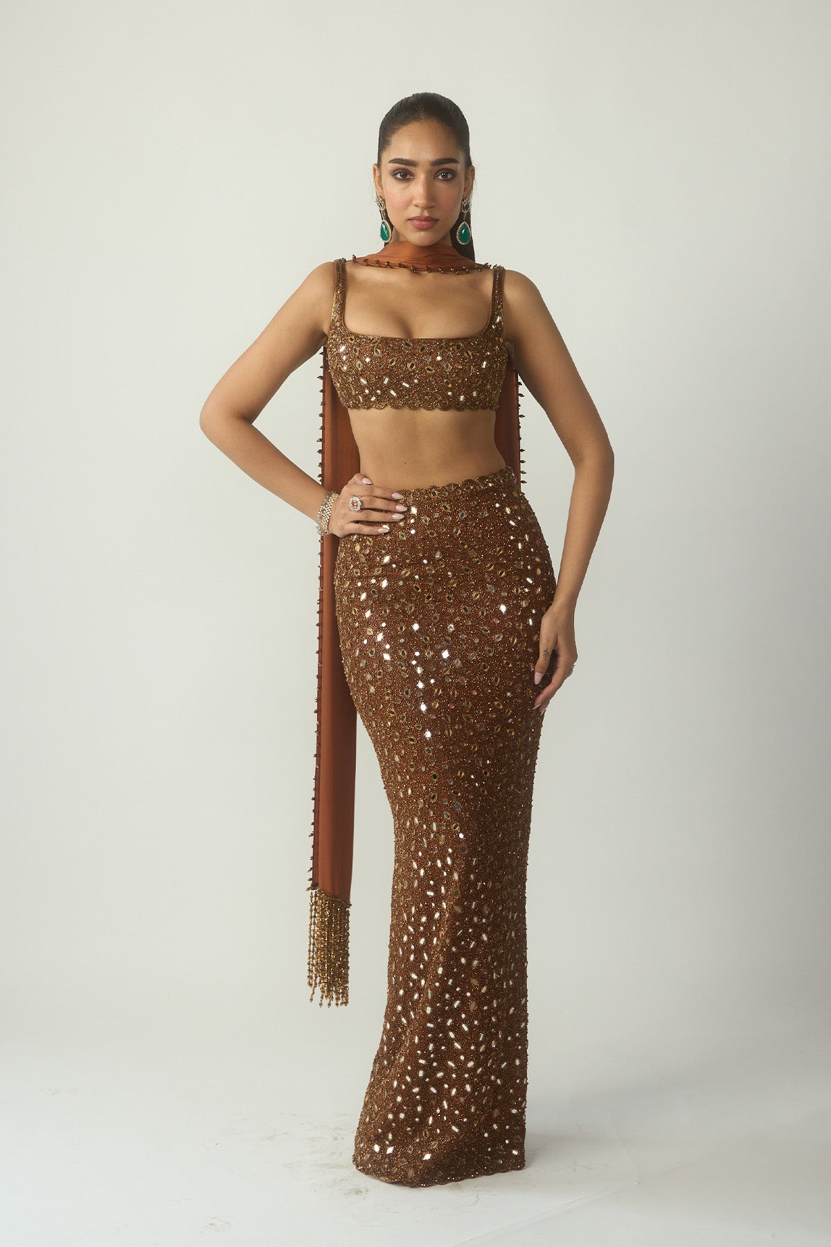 Metallic Copper Pencil Skirt Set