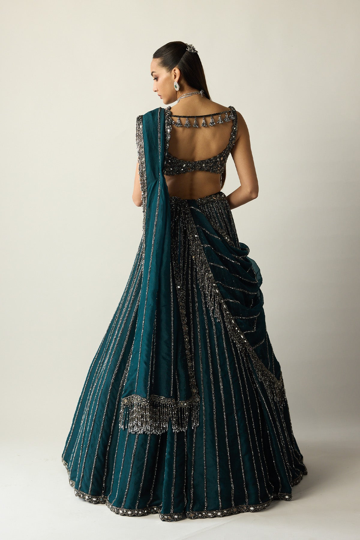 Dark Teal Linear Lehenga Set