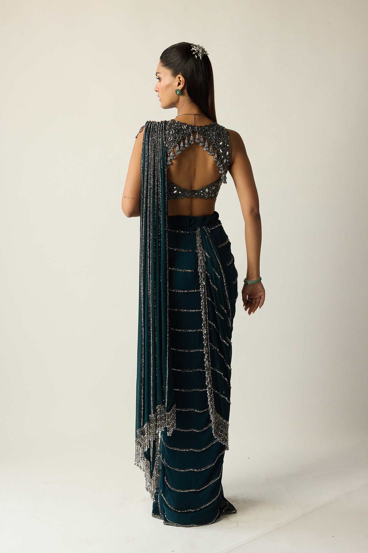 Dark Teal Linear Draped Saree