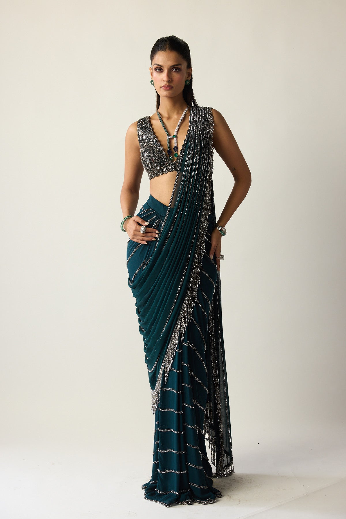 Dark Teal Linear Draped Saree