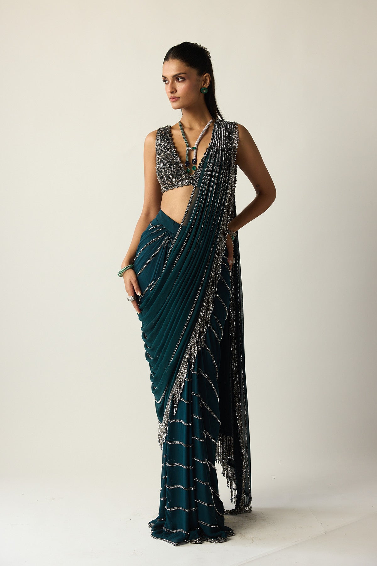 Dark Teal Linear Draped Saree
