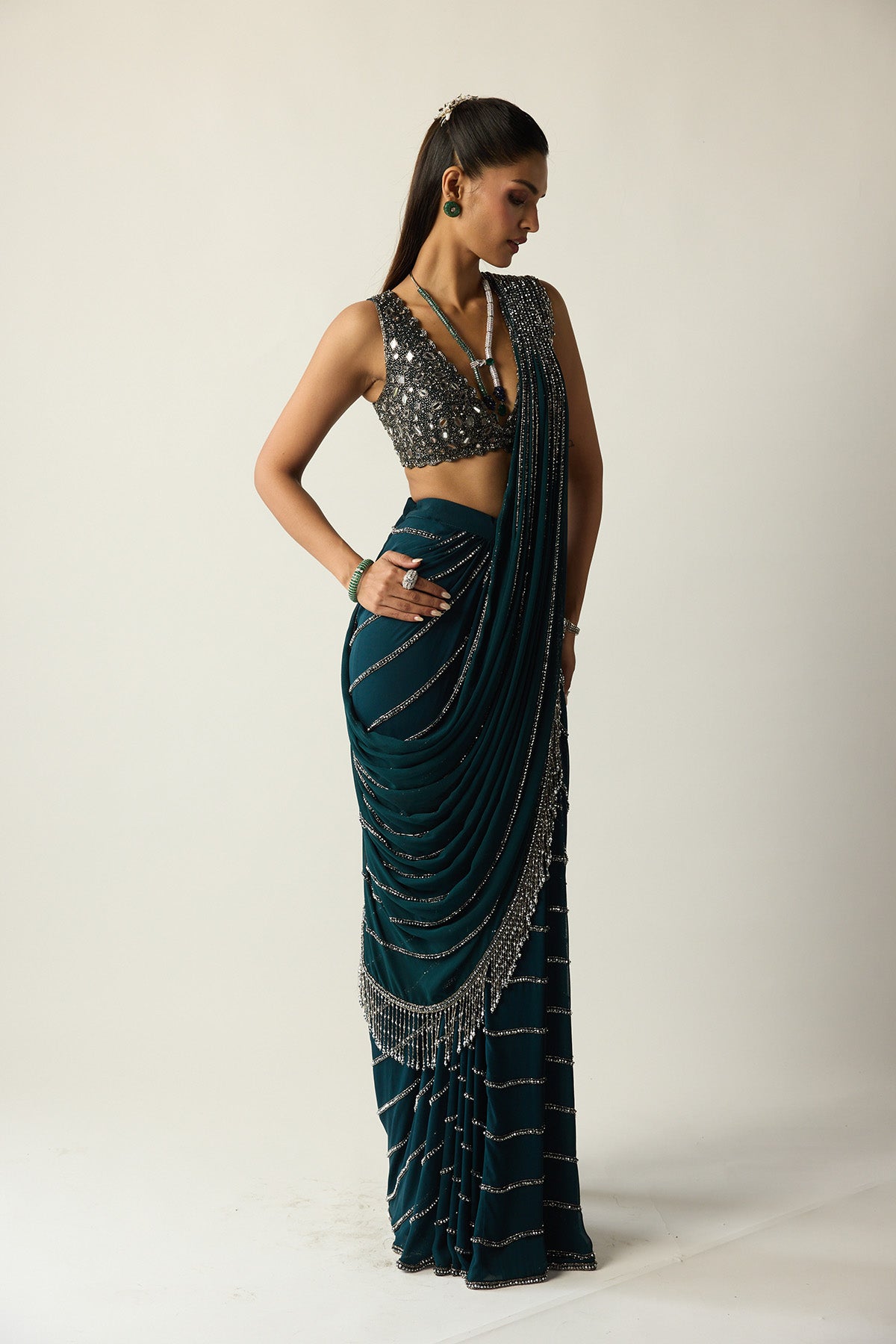 Dark Teal Linear Draped Saree