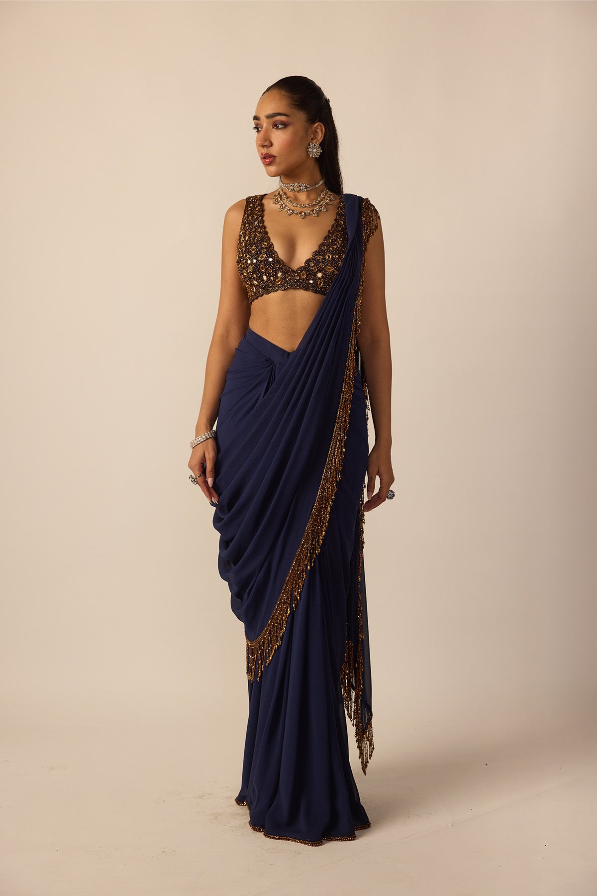 Deep Blue Georgette Tassel Saree