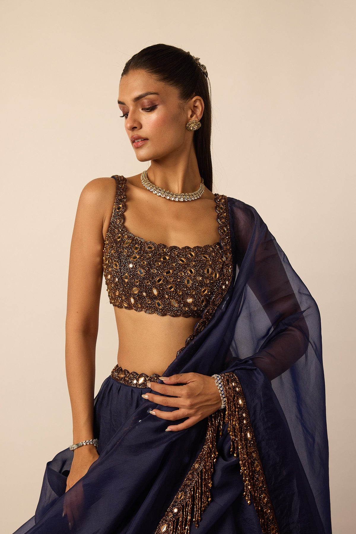 Deep Blue Tassel Dupatta Lehenga Set