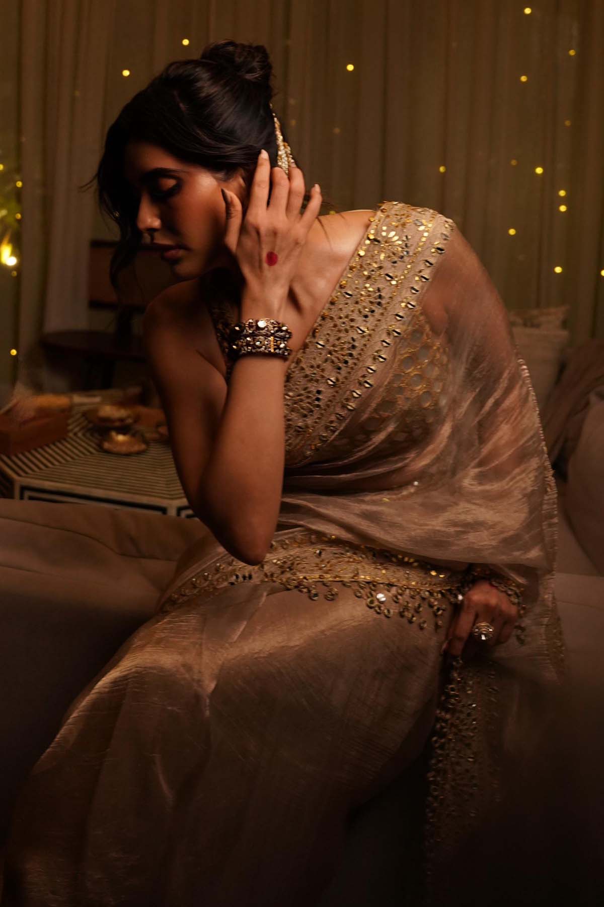 Karishma Tanna in Gaja Kavya Saree and Mirror Work blouse