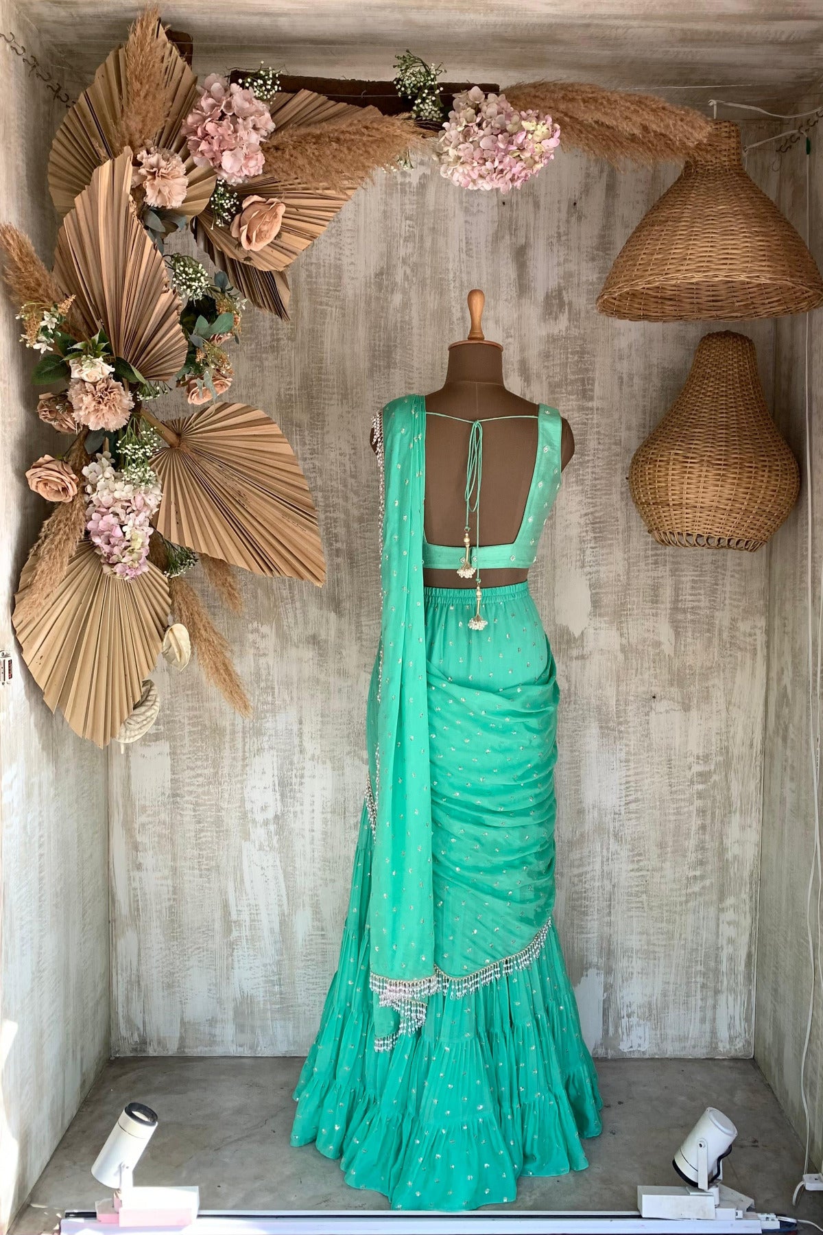 GREEN INES PRE DRAPE SAREE - Ready To Ship
