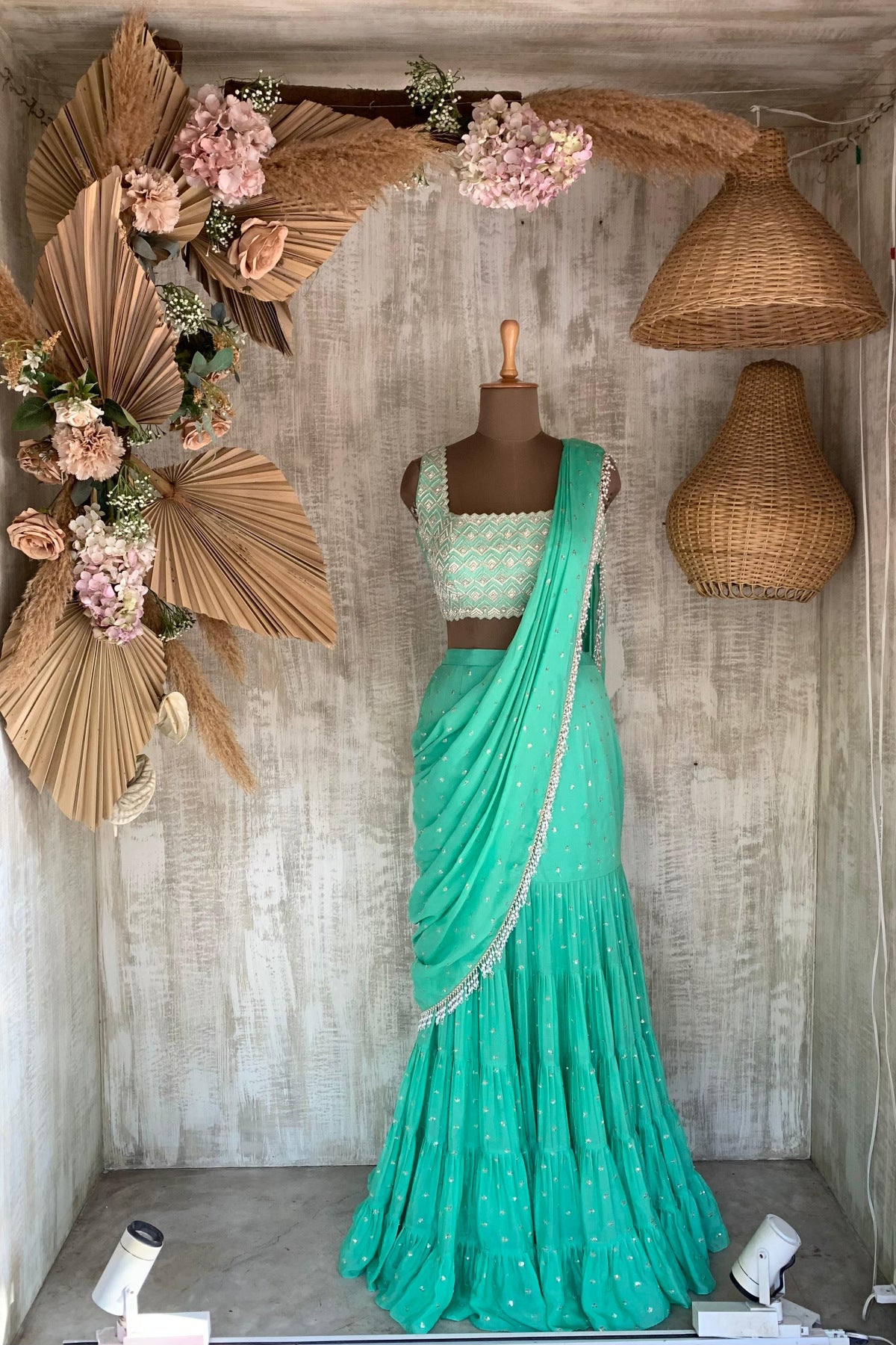 GREEN INES PRE DRAPE SAREE - Ready To Ship