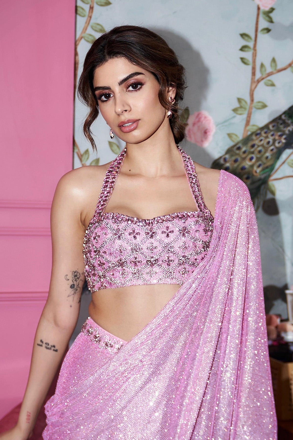 Khushi Kapoor in Pink Mystic Saree Set