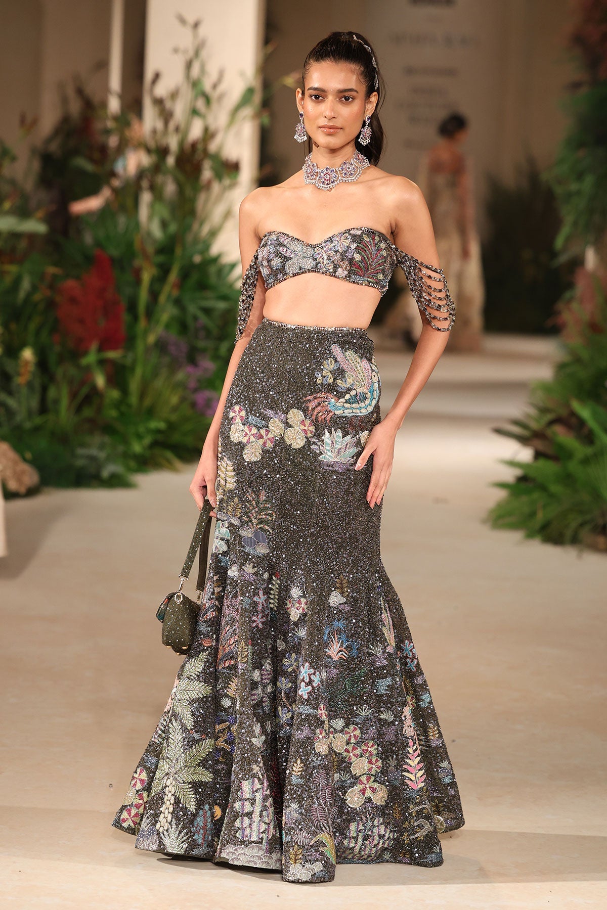 Wildelise - gunmetal tulle lehenga
