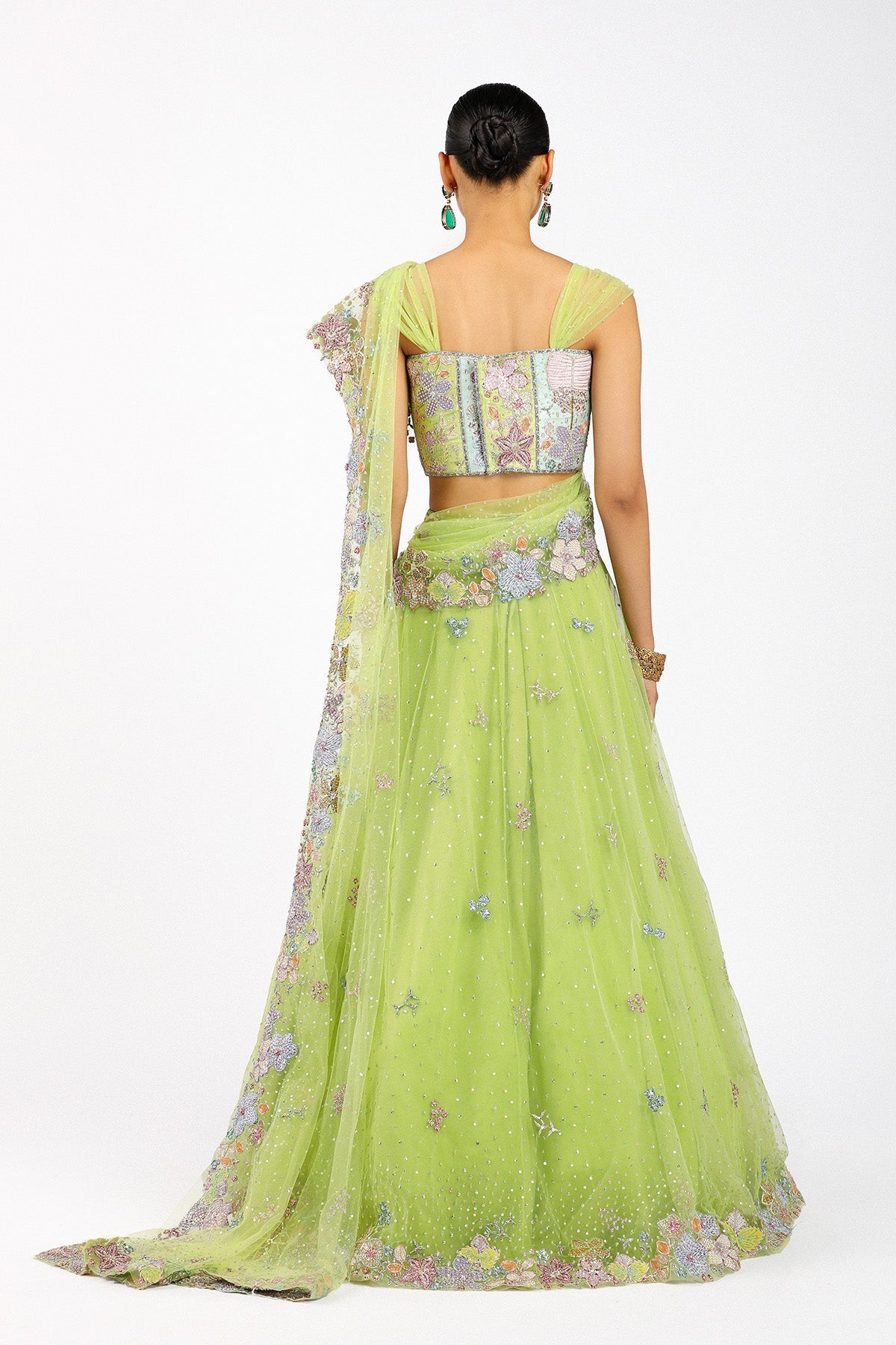 Azalée - Lime Green Tulle Saree Lehenga - Ready To Ship