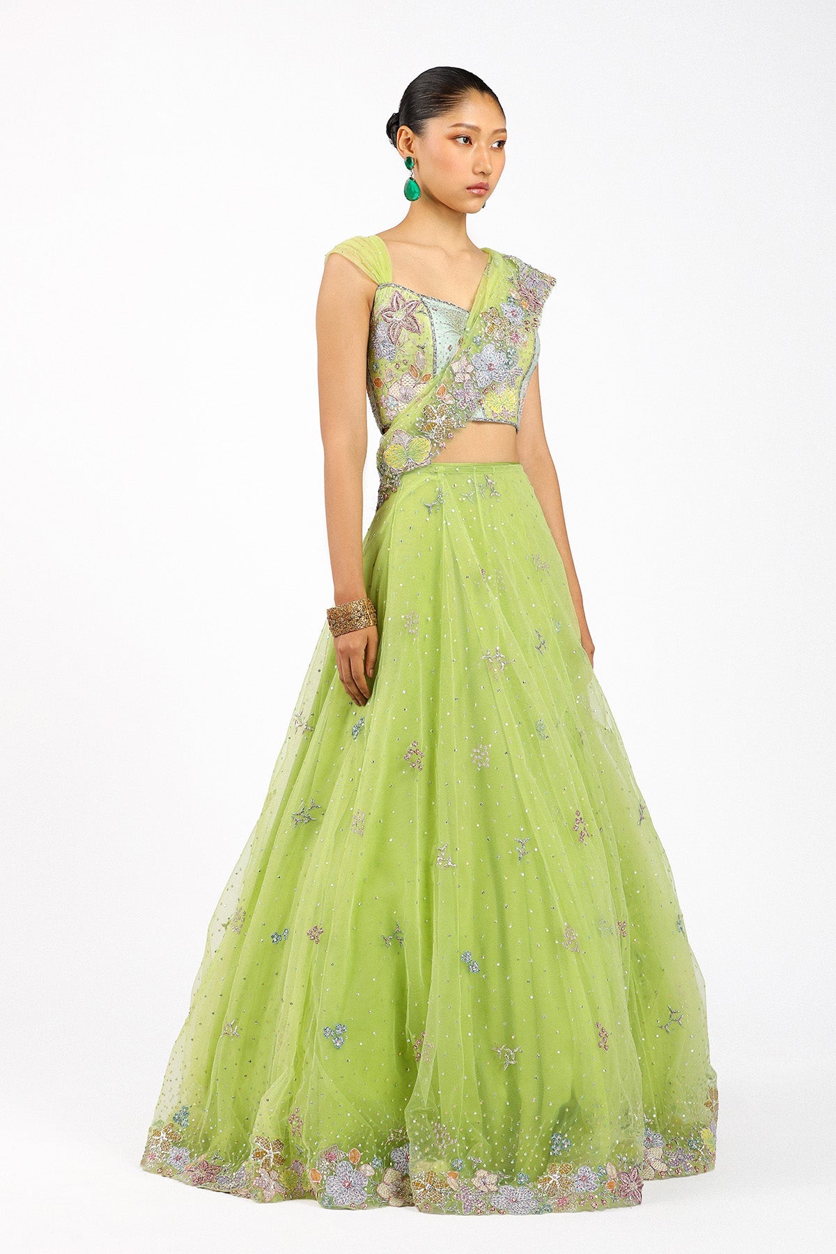 Azalée - Lime Green Tulle Saree Lehenga - Ready To Ship