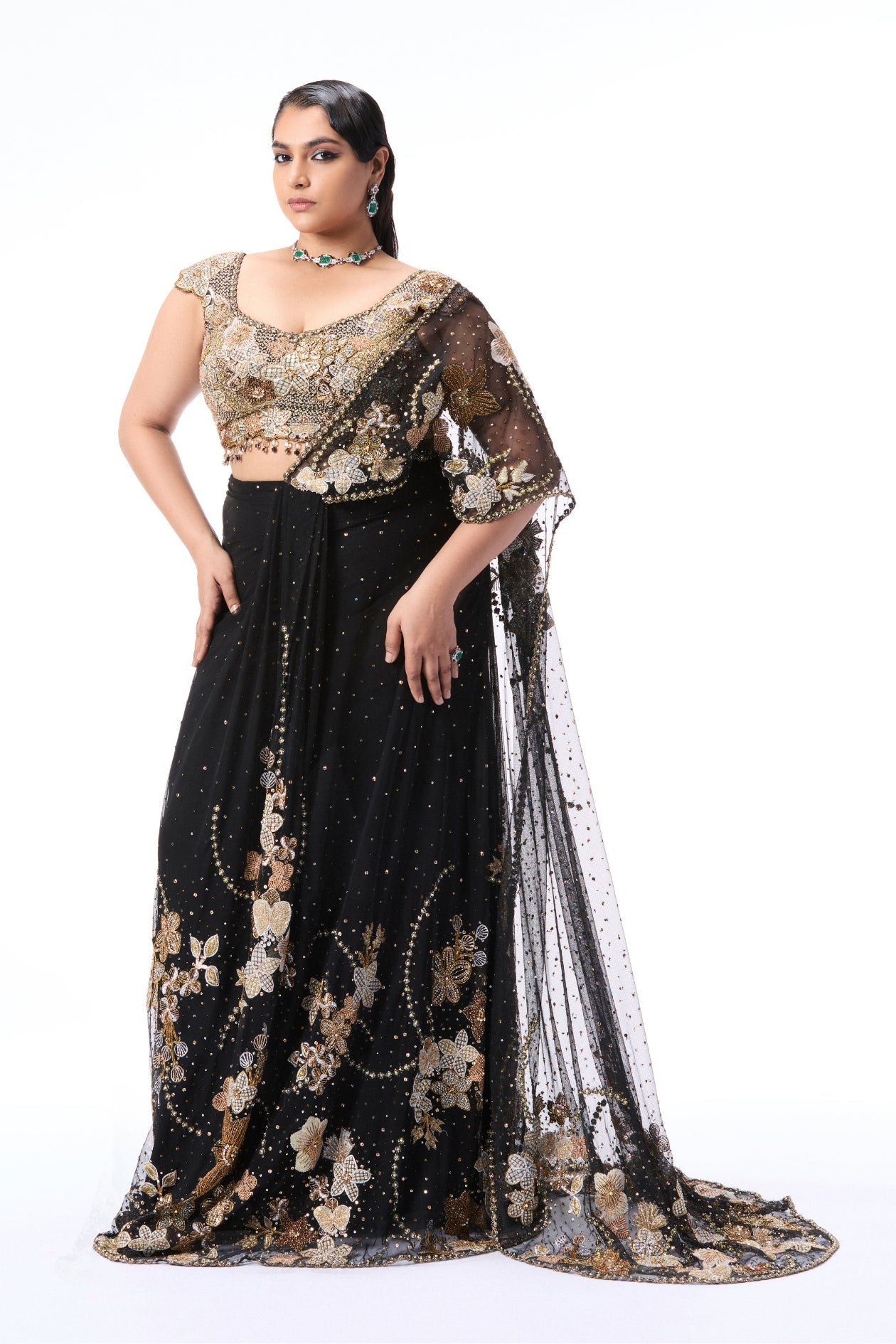 SOLETTE - black tulle draped saree
