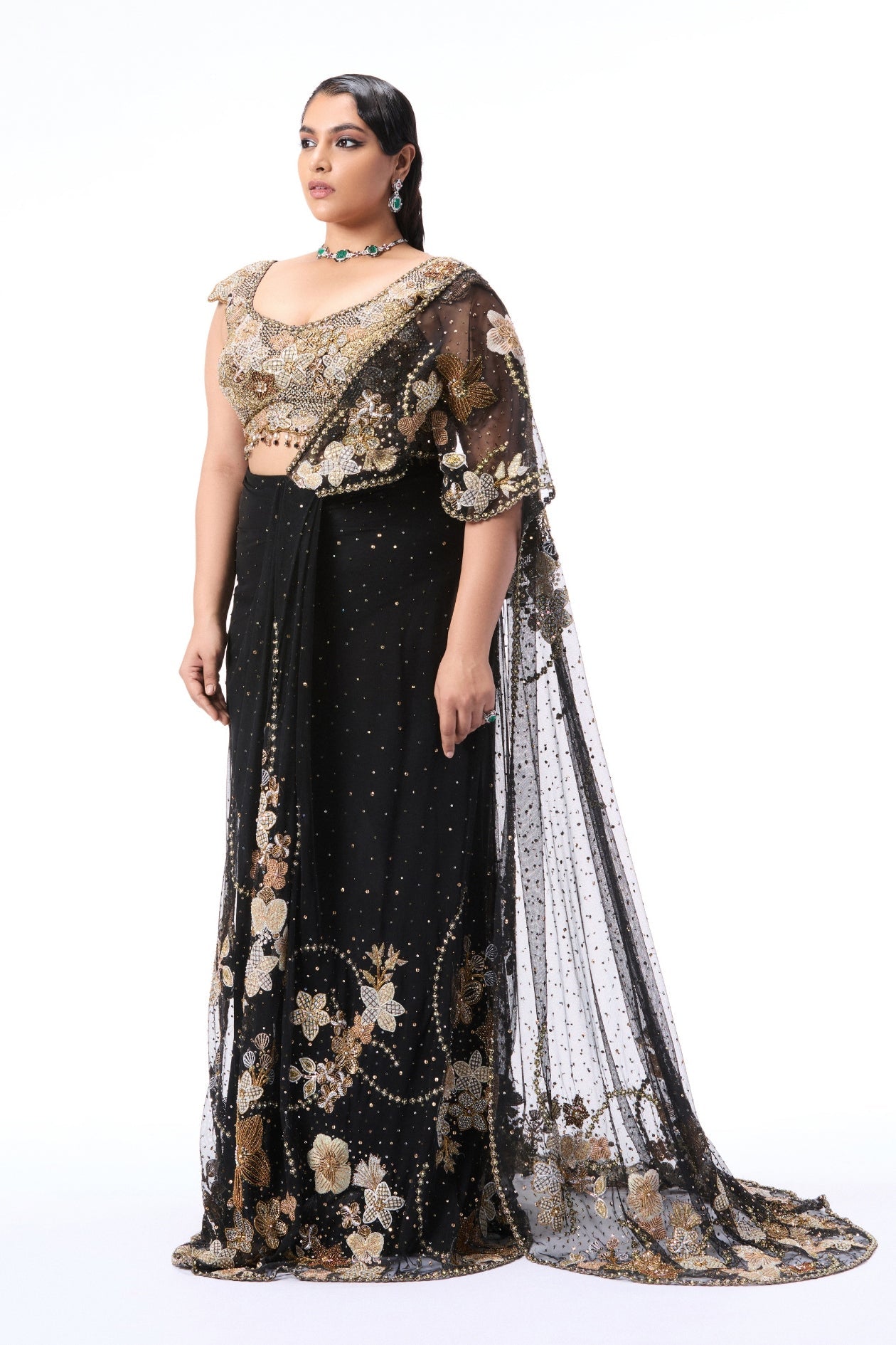 Solette - Black Tulle Draped Saree - Ready To Ship