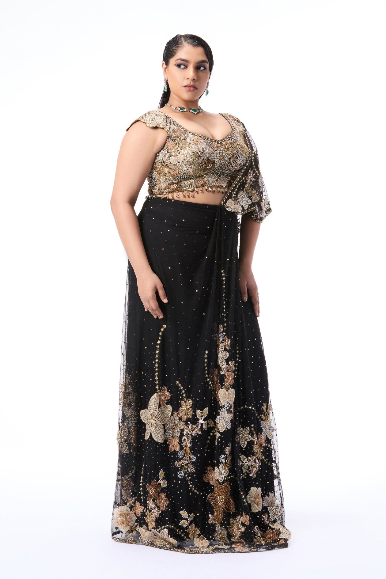 Solette - Black Tulle Draped Saree - Ready To Ship