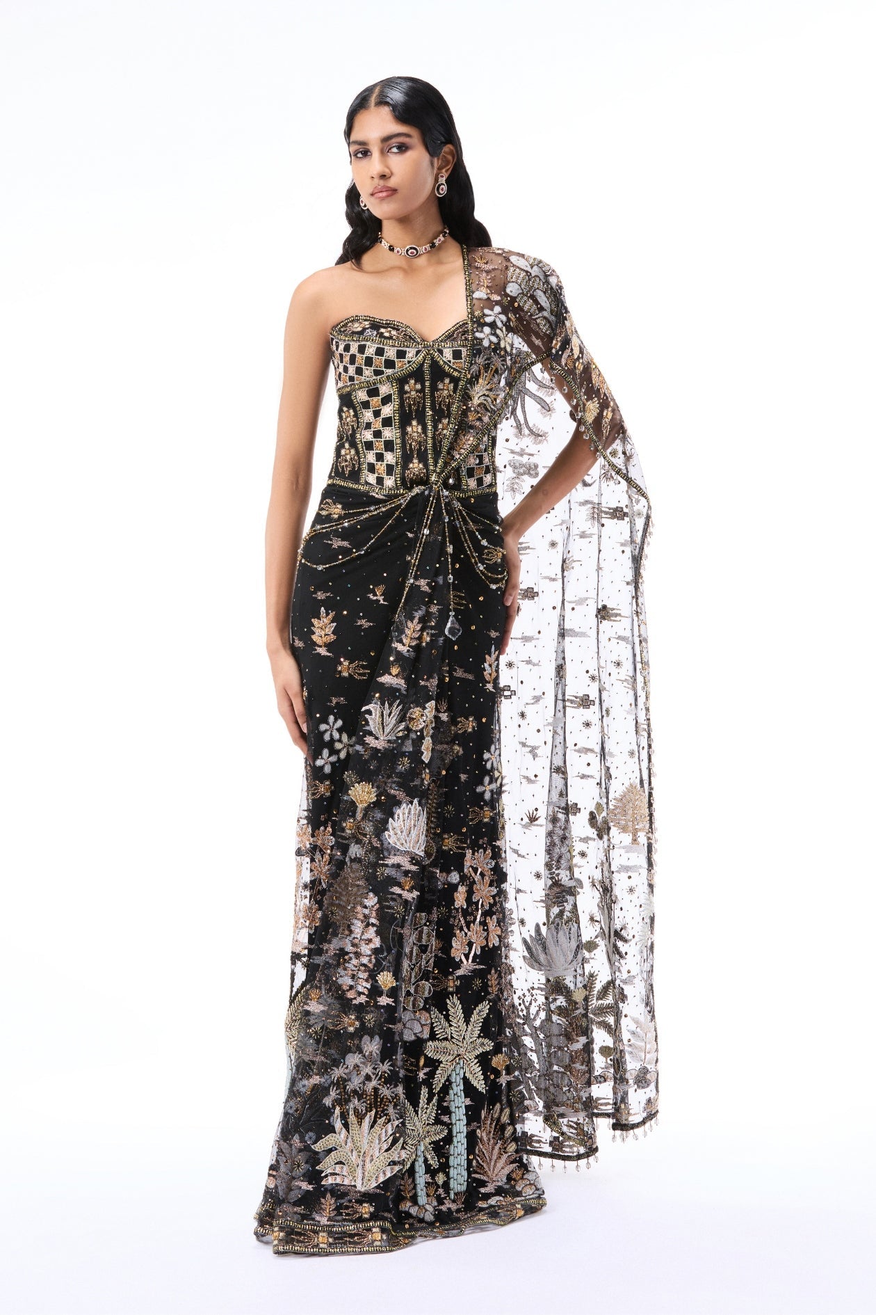 Whimrose - Black tulle draped saree