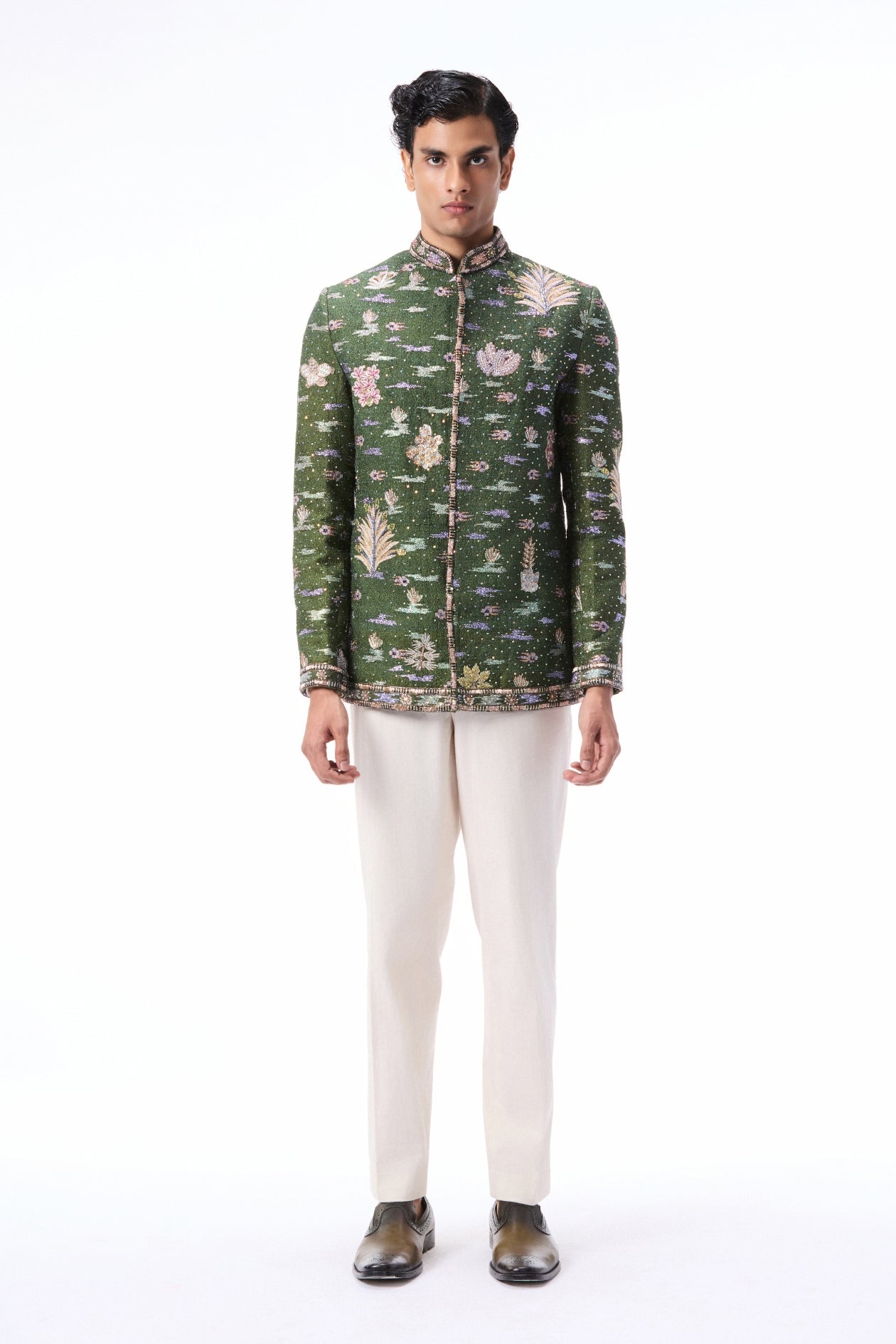 Thornkiss - lush green raw silk bandhgala