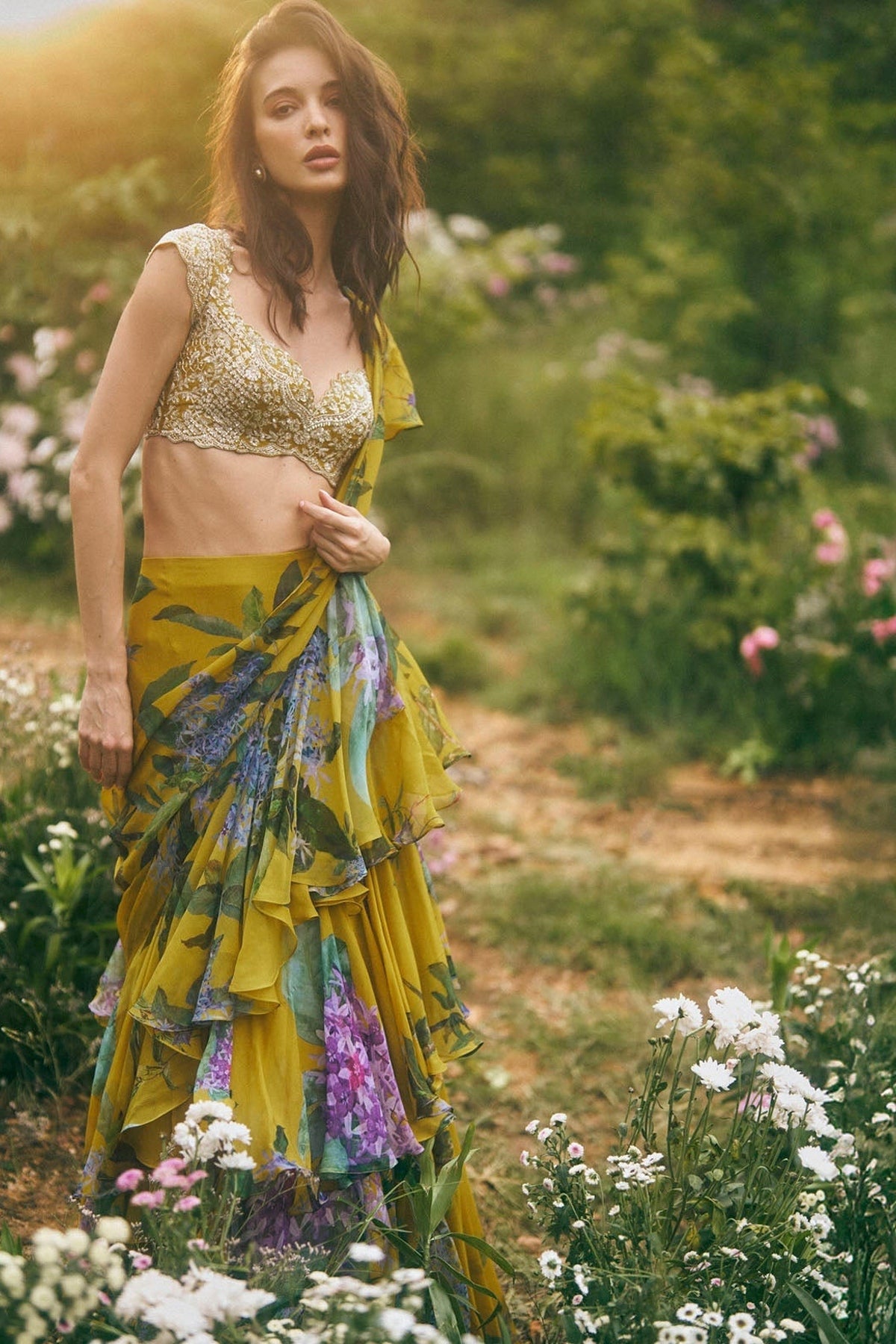Akhila Printed Ruffle Saree Set