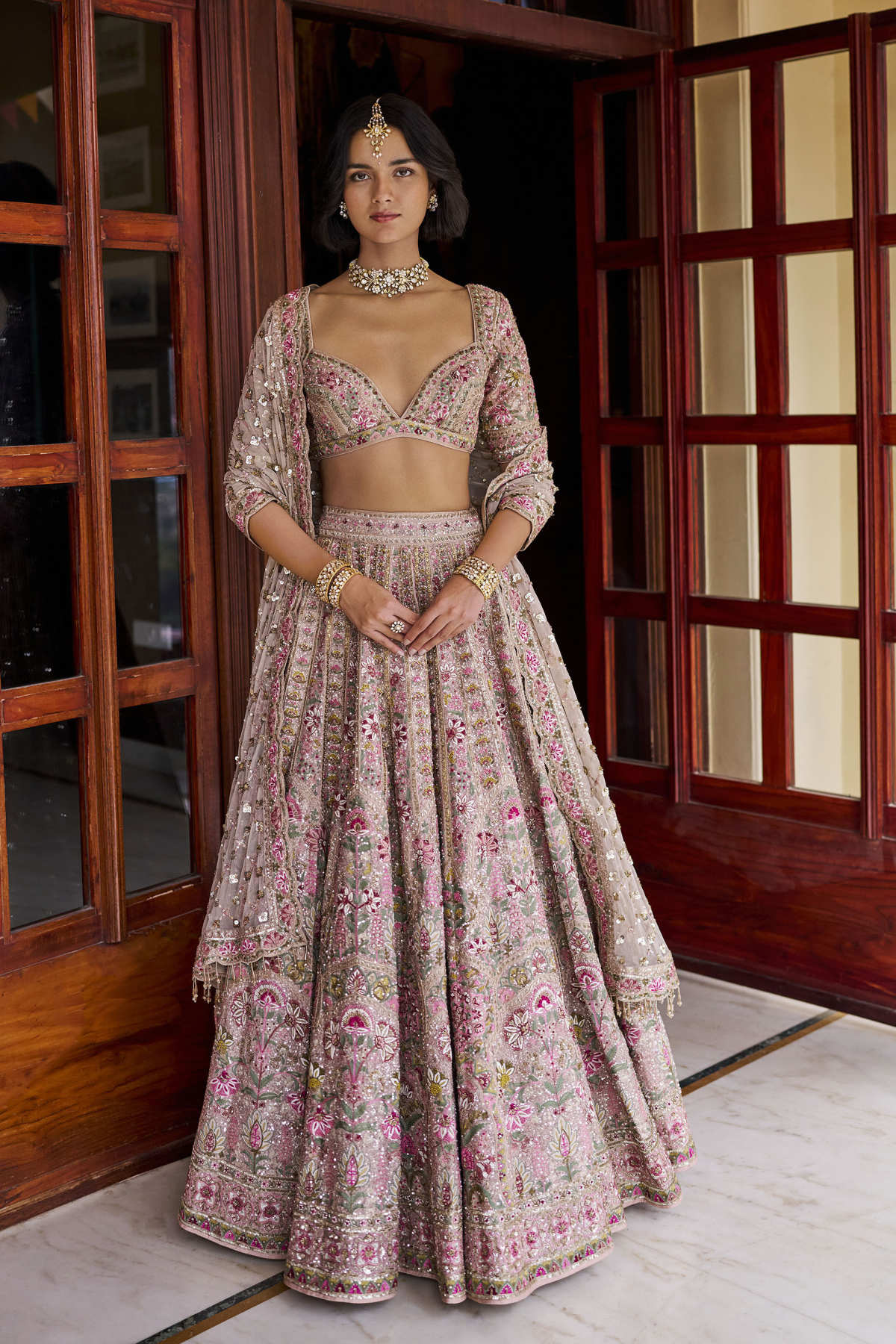 Joy Embroidered Zardozi Silk Lehenga Set - Champagne