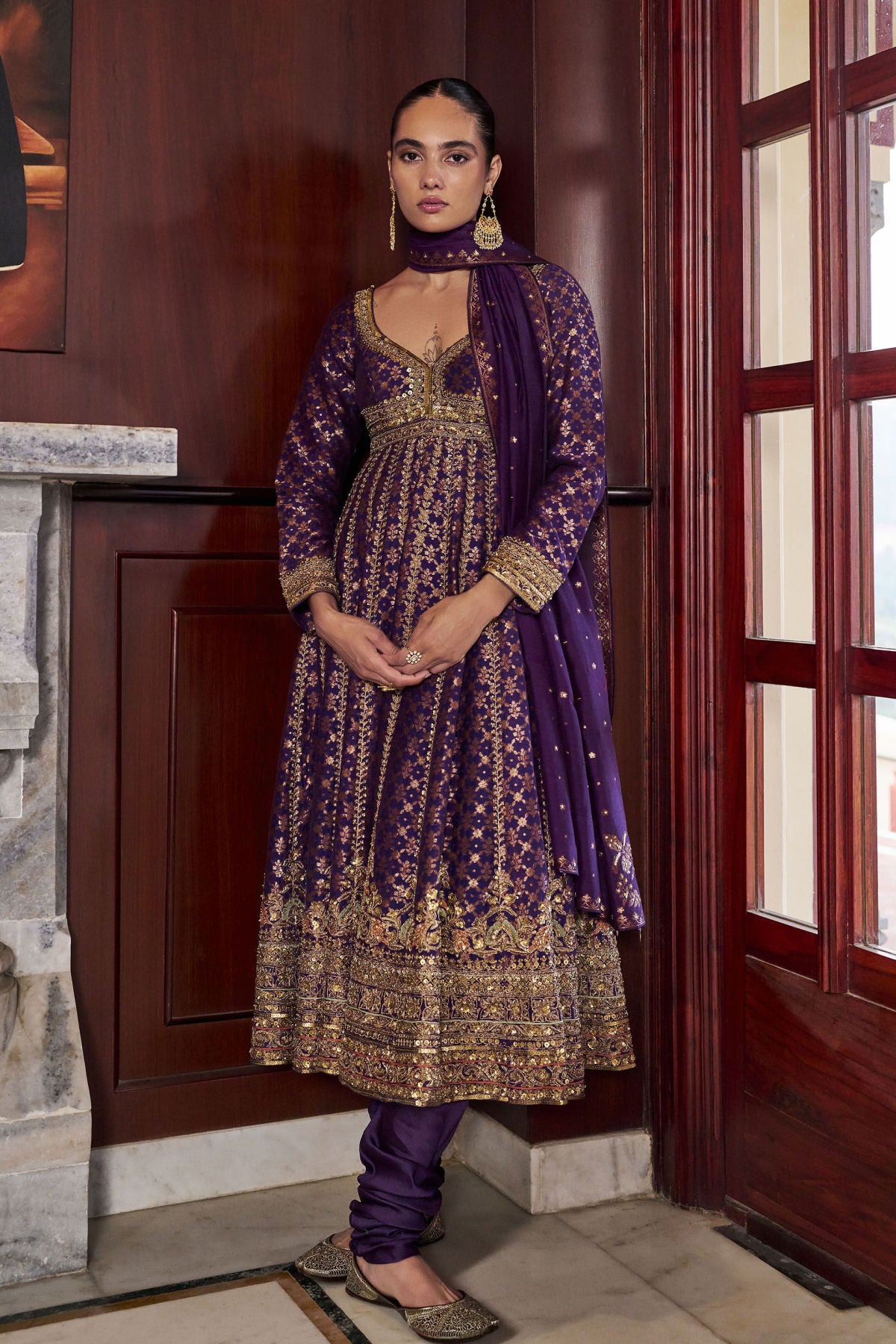 Timeless Embroidered Zardozi Mul Suit Set - Purple
