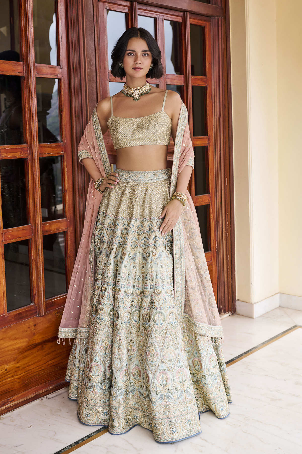 Delight Embroidered Zardozi Silk Lehenga Set - Sage