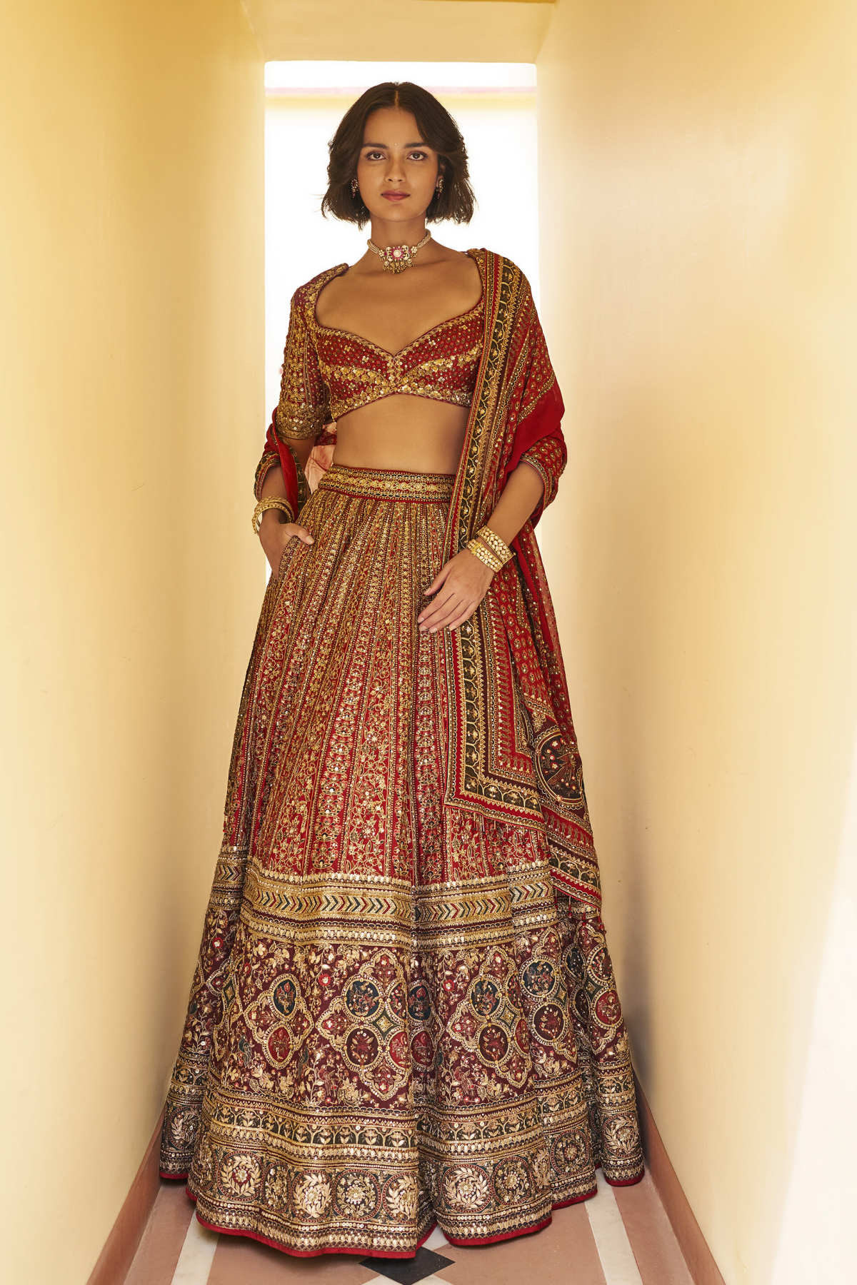 Tenderness Gota Patti Bemberg Lehenga Set - Red