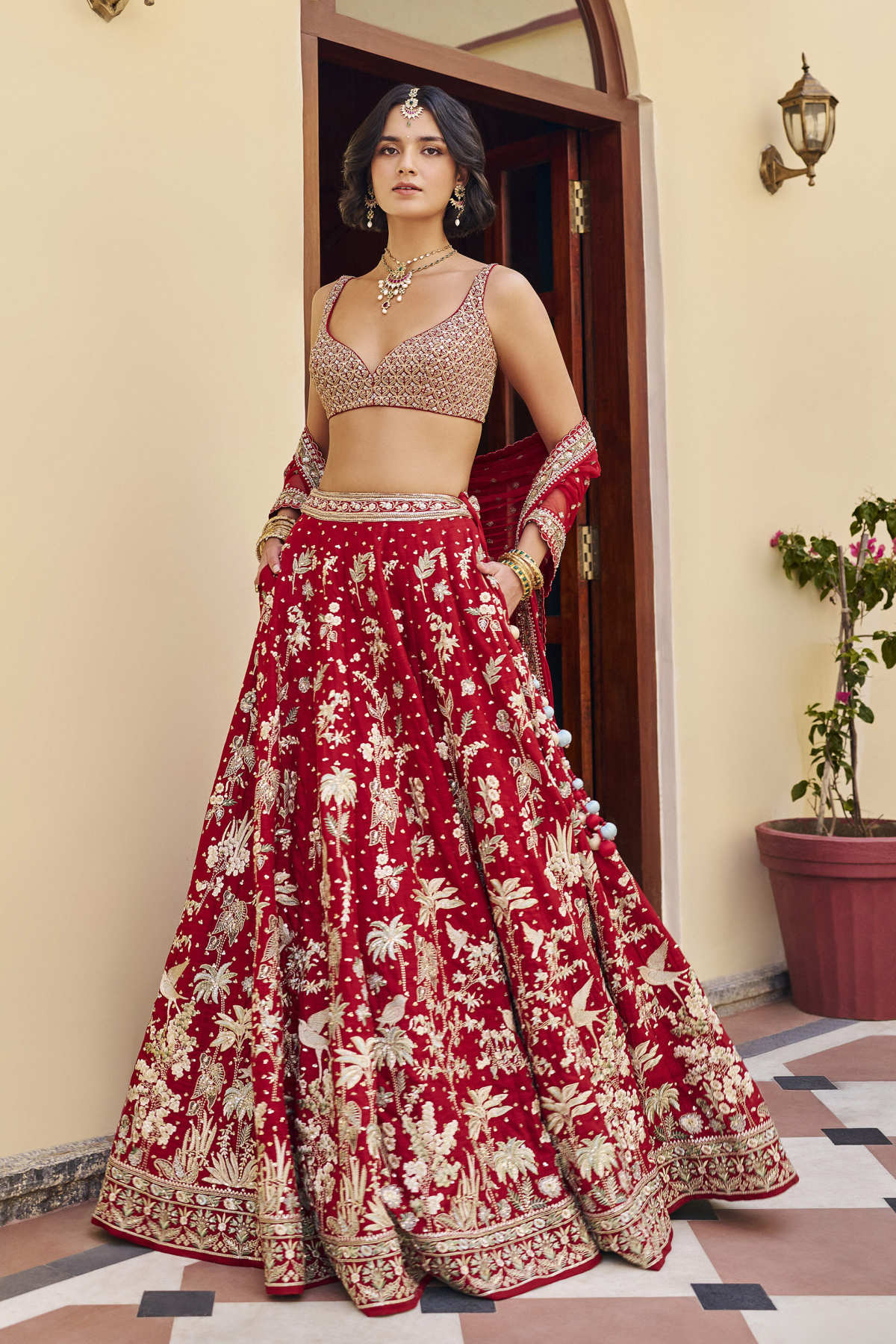 Forever Embroidered Zardozi Silk Lehenga Set - Red
