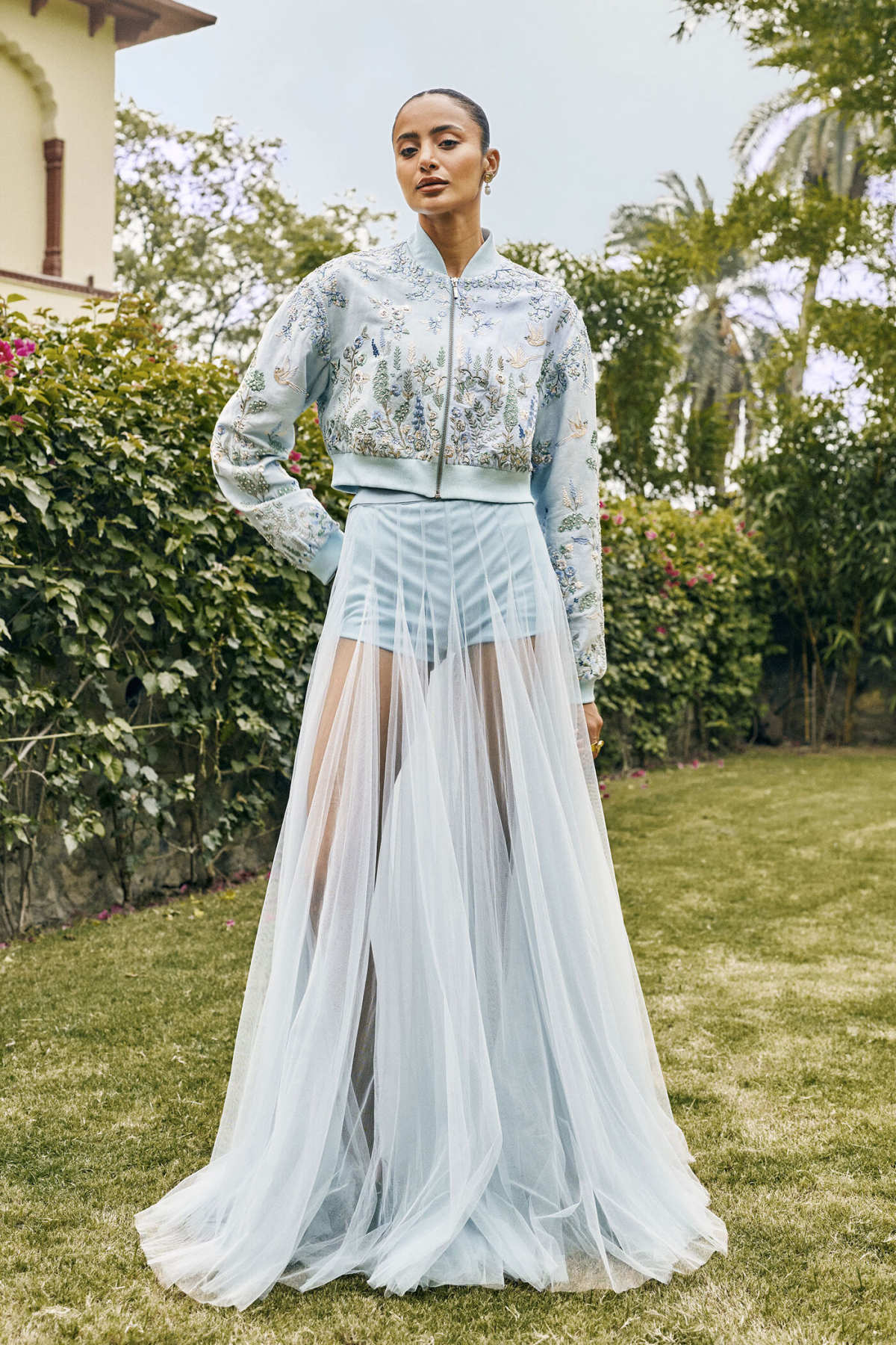 Wonder Gota Patti Sheer Skirt Set - Powder Blue