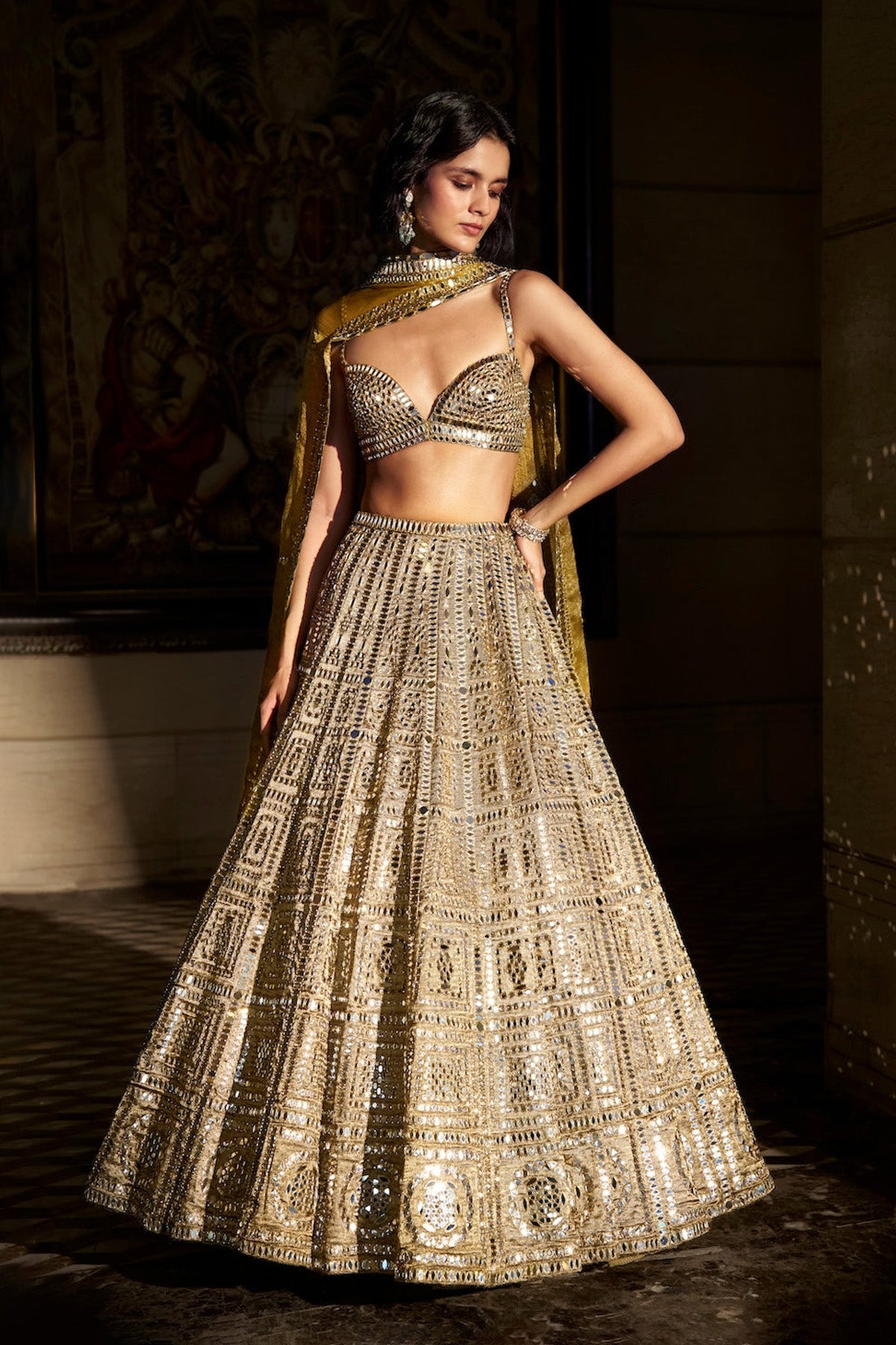 Antique Gold Mirror Work Lehenga Set