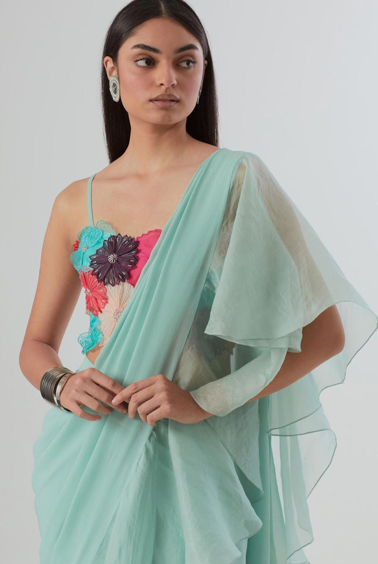 Aqua Embroidered Choli And Saree With Ruffle Pallu