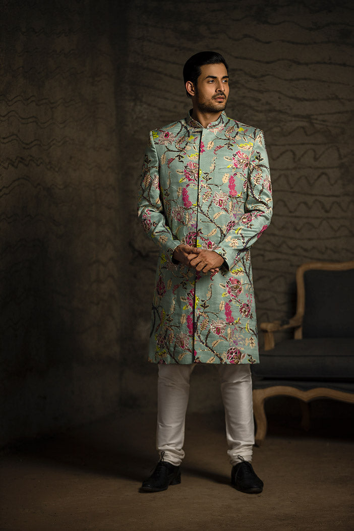 AQUA PRINTED DUPION SILK SHERWANI WITH OFF WHITE COTTON SILK CHURIDAR