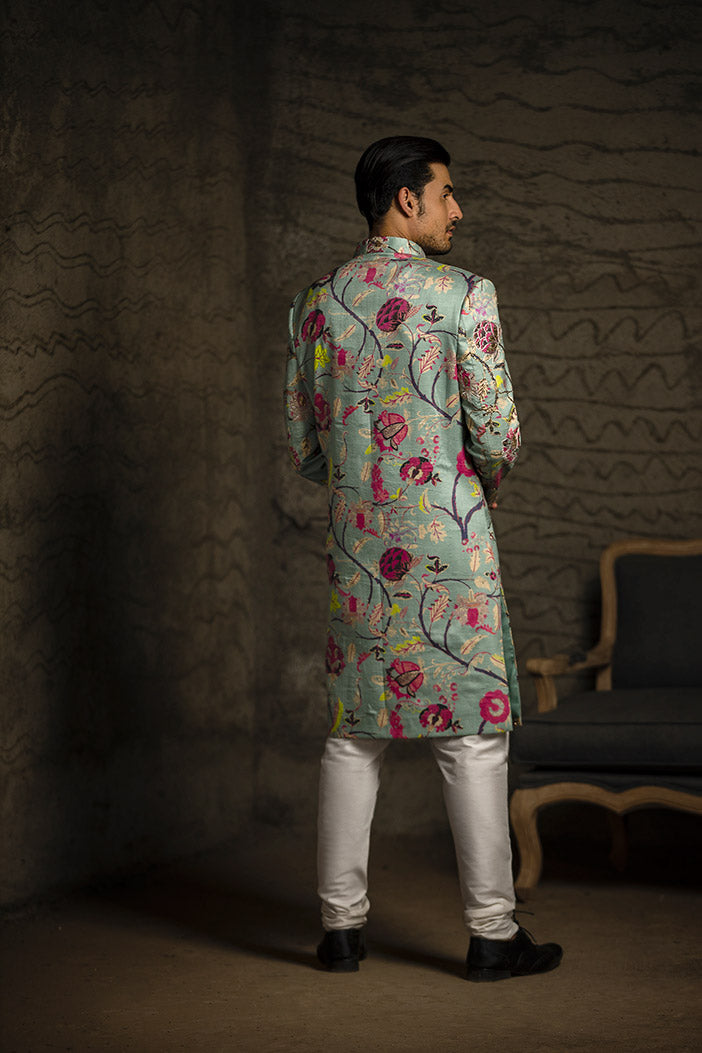 AQUA PRINTED DUPION SILK SHERWANI WITH OFF WHITE COTTON SILK CHURIDAR