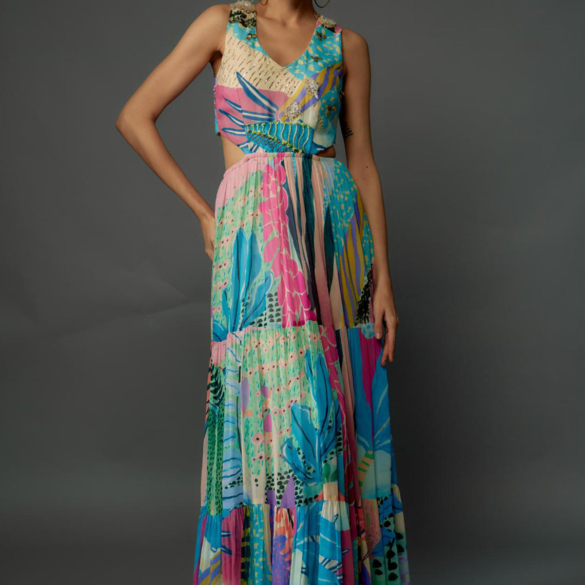 Aqua Tropical Print Art Georgette Embroidered Cut-Out Dress 16 / REGULAR Aqua Tropical Print Art Georgette Embroidered Cut-Out Dress 16 / REGULAR