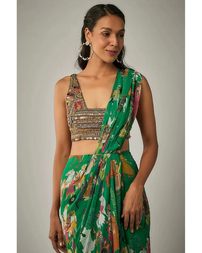 Green Printed Mughal Rhapsody Pre Draped Sari Set